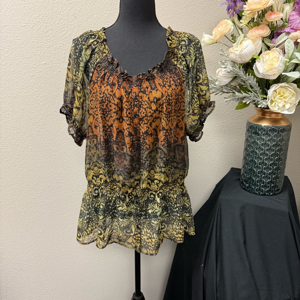 Bandolino XL Boho Sheer Peasant Blouse Autumn Ombre Print Smocked Hem Top